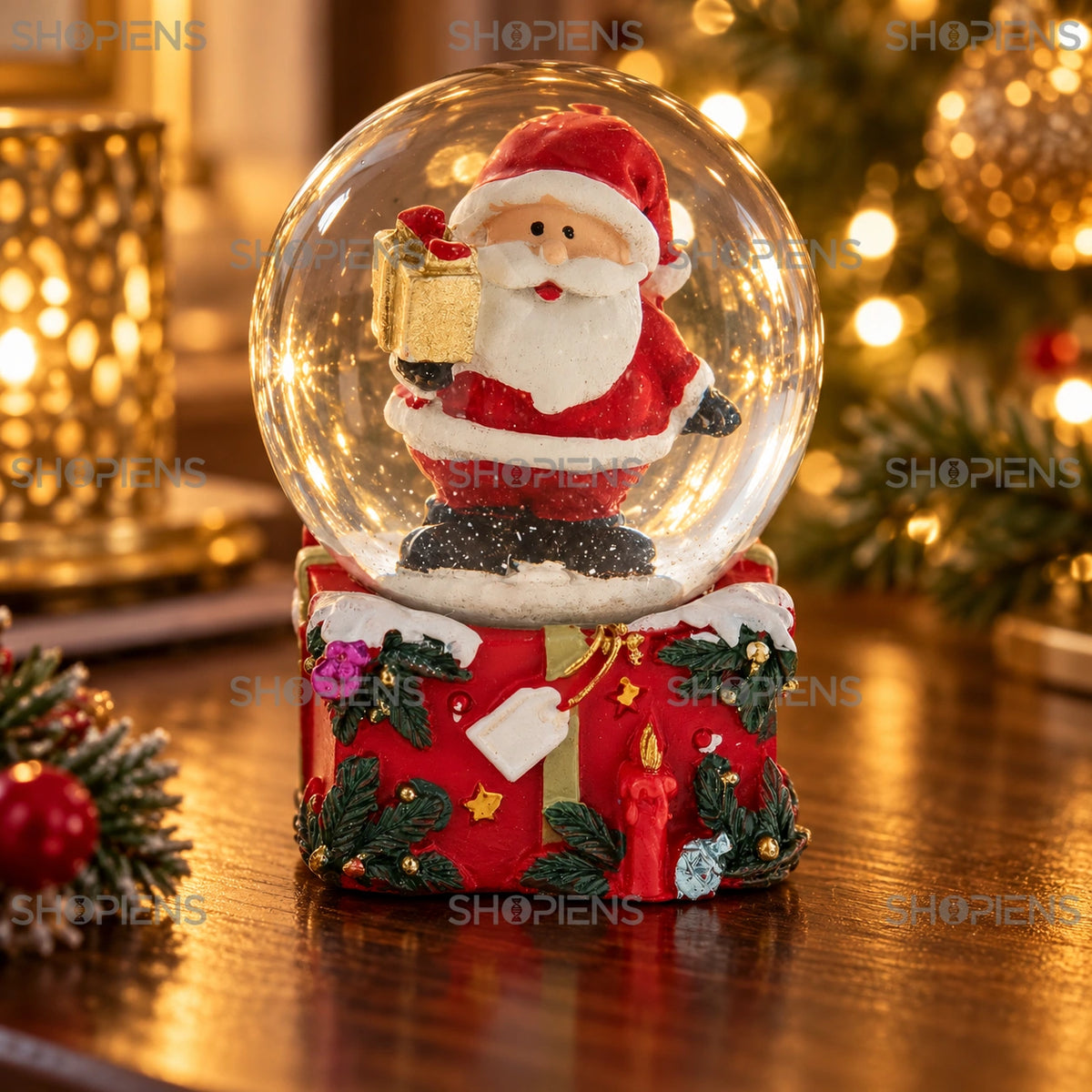 Glob cu Moș Crăciun pe cadou pătrat, 6 cm într-un decor festiv de seară | Shopiens®
