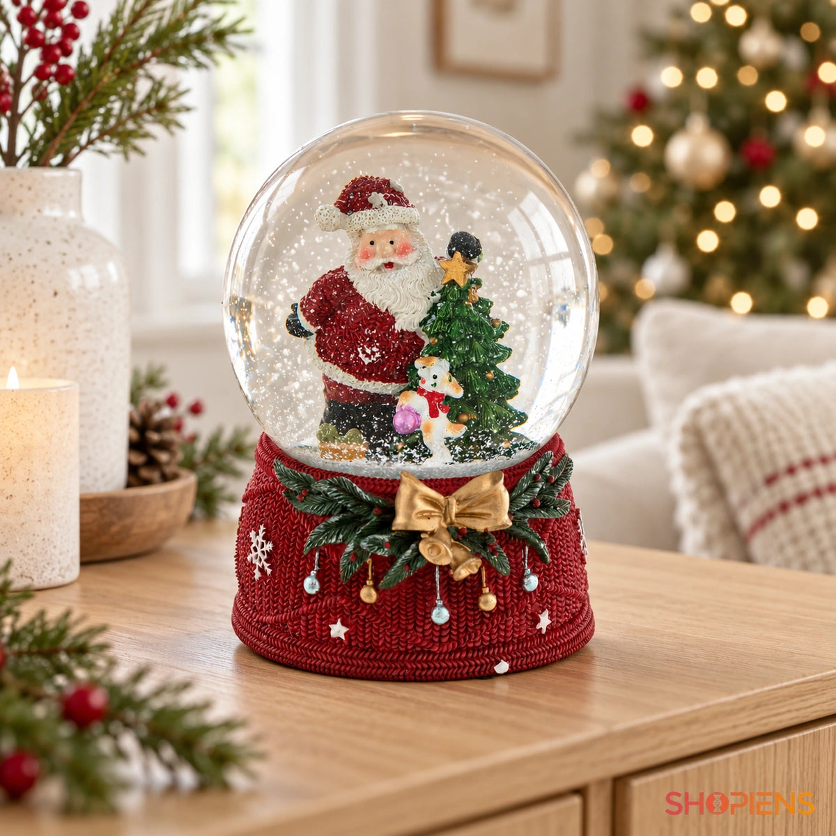 Moș Crăciun cu cățel și brad în glob muzical, 15 cm în decor luminos de Crăciun | Shopiens®