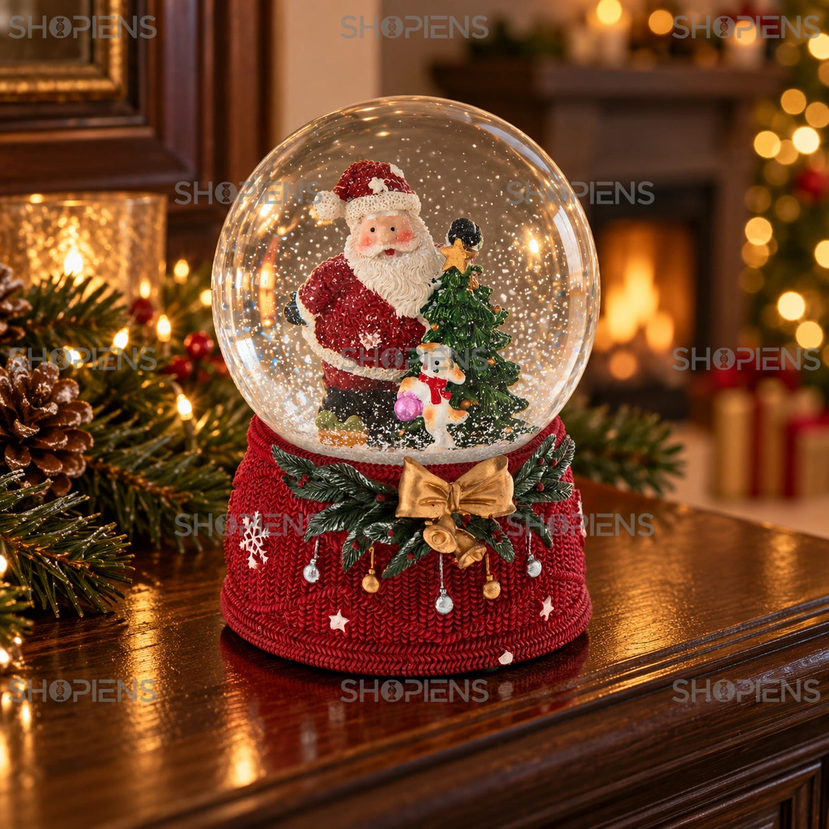 Moș Crăciun cu cățel și brad în glob muzical, 15 cm în decor festiv de seară | Shopiens®