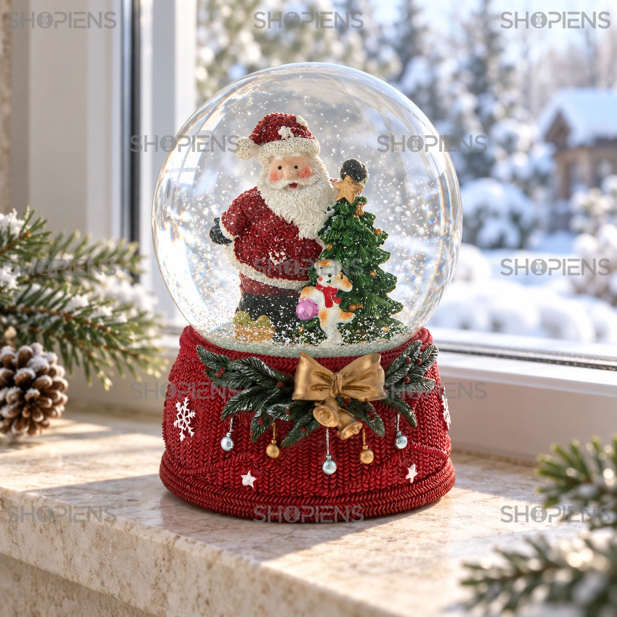 Moș Crăciun cu cățel și brad în glob muzical, 15 cm lângă fereastră, în decor de iarnă | Shopiens®