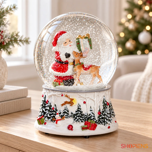 Glob decorativ cu Moș Crăciun, cerb și cadou în decor luminos de Crăciun | Shopiens®