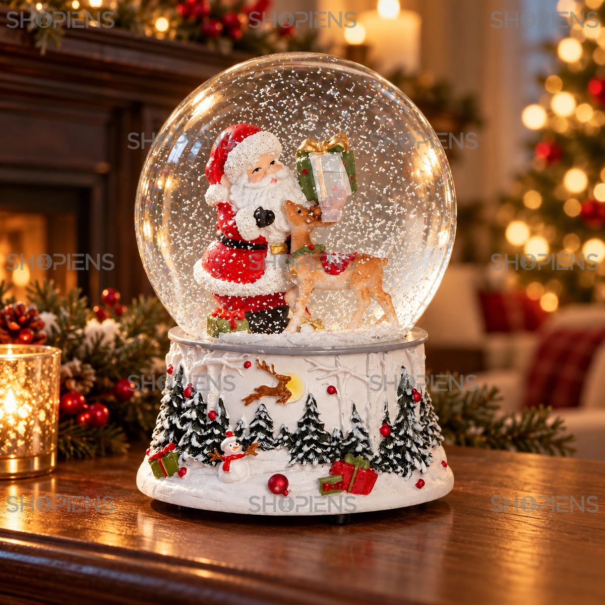 Glob decorativ cu Moș Crăciun, cerb și cadou în decor festiv de seară | Shopiens®