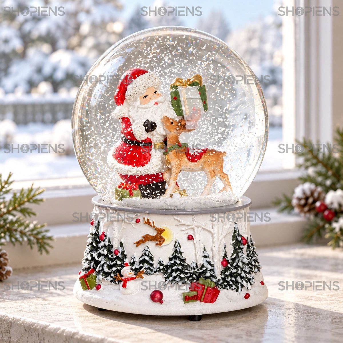 Glob decorativ cu Moș Crăciun, cerb și cadou lângă fereastră, în decor de iarnă | Shopiens®