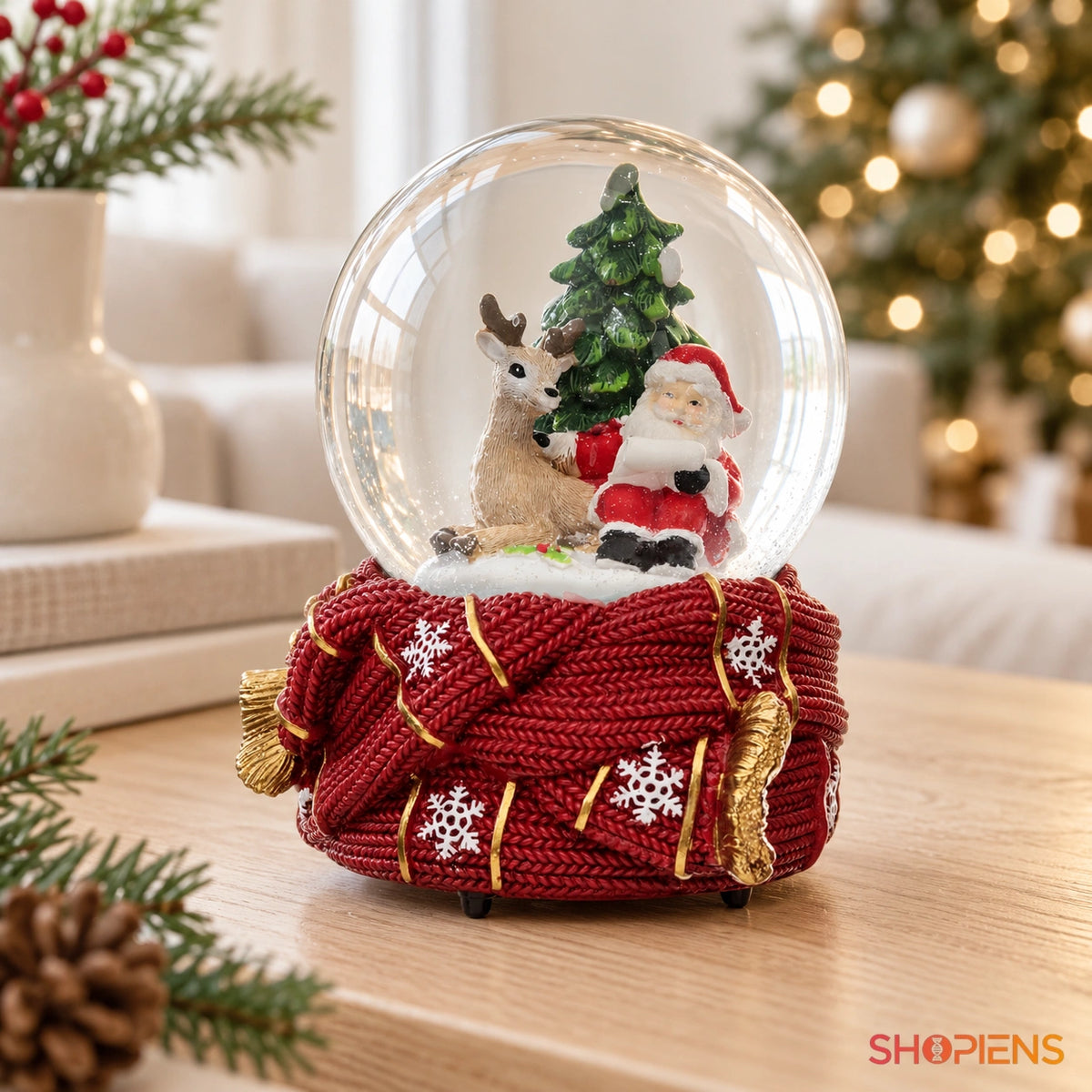 Glob muzical cu Moș și cerb pe bază cu fular, 15 cm în decor luminos de Crăciun | Shopiens®