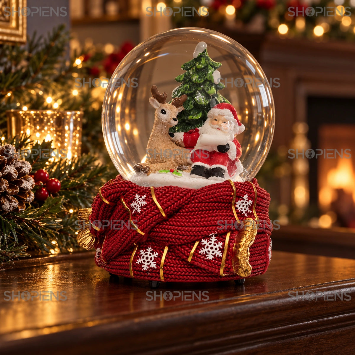 Glob muzical cu Moș și cerb pe bază cu fular, 15 cm în decor festiv de seară | Shopiens®