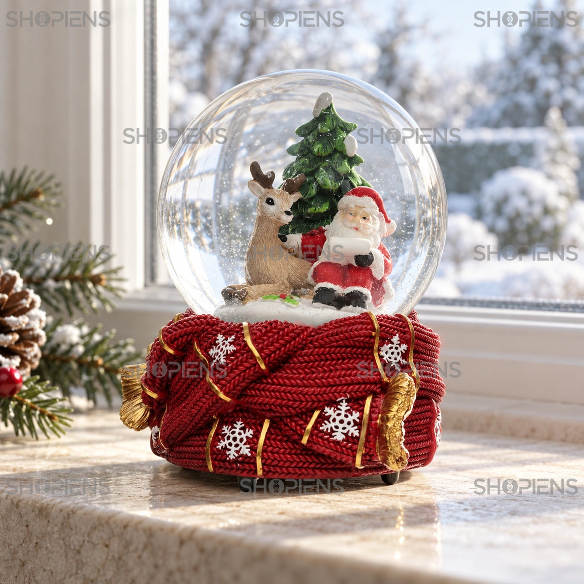 Glob muzical cu Moș și cerb pe bază cu fular, 15 cm lângă fereastră, în decor de iarnă | Shopiens®