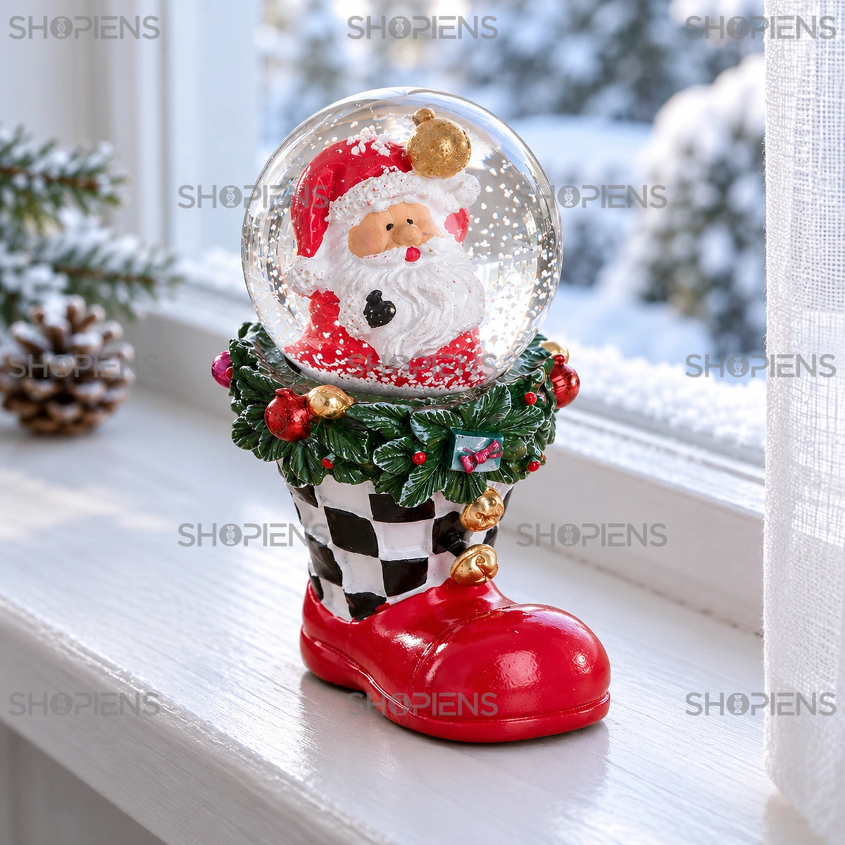 Glob de zăpadă în cizmă cu Moș Crăciun, 8 cm lângă fereastră într-un decor de iarnă | Shopiens®