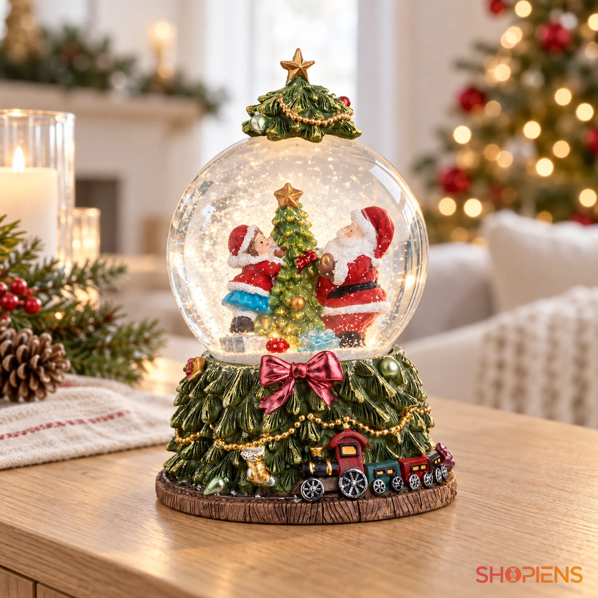 Glob cu Moș și copii pe brad muzical cu LED, 18,5 cm în decor luminos de Crăciun | Shopiens®
