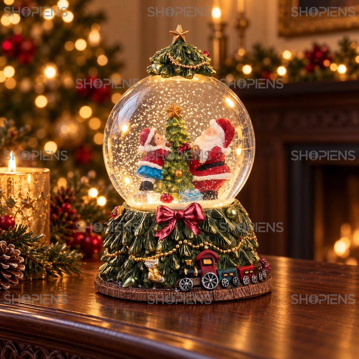 Glob cu Moș și copii pe brad muzical cu LED, 18,5 cm în decor festiv de seară | Shopiens®