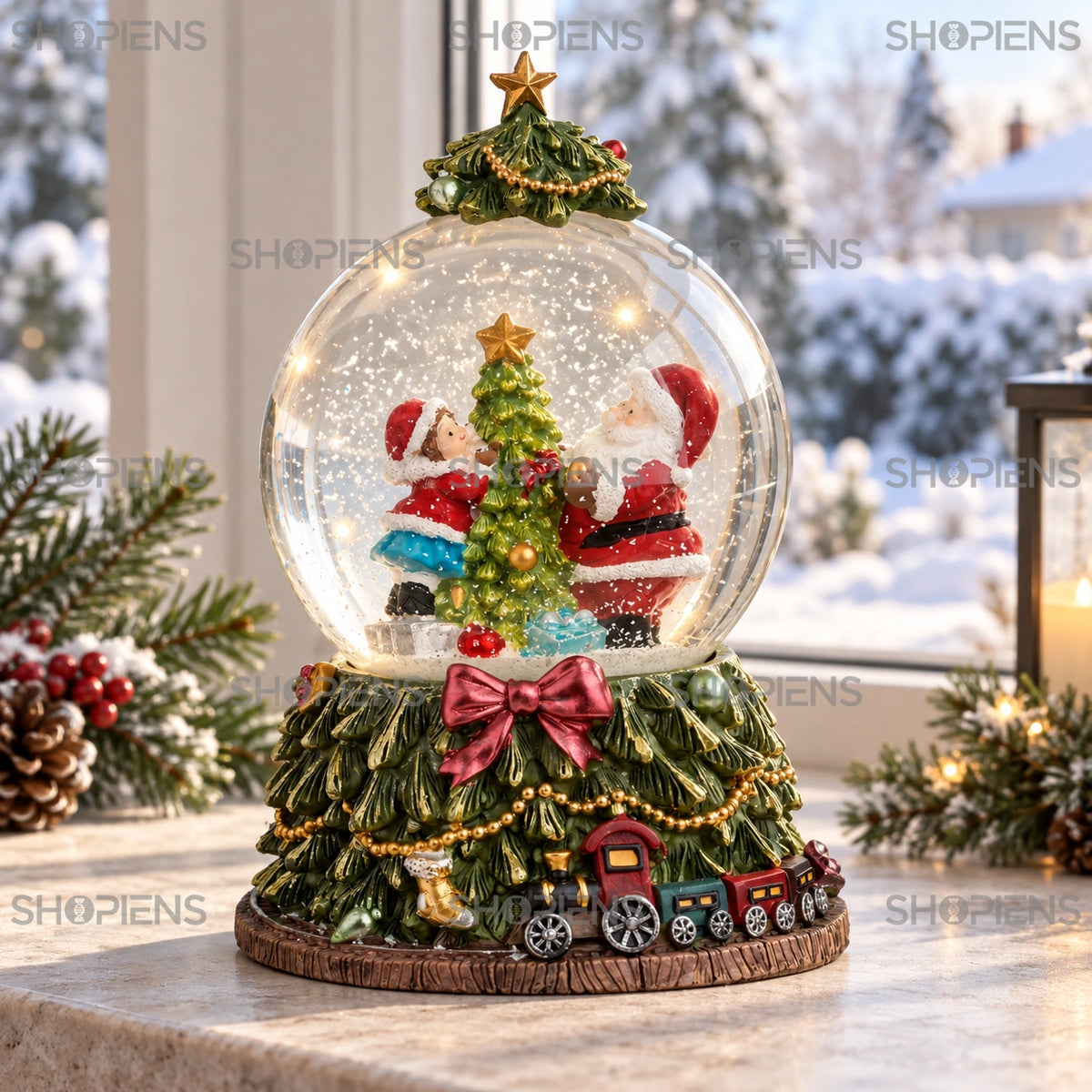 Glob cu Moș și copii pe brad muzical cu LED, 18,5 cm lângă fereastră, în decor de iarnă | Shopiens®