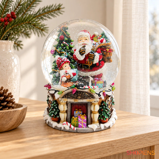 Glob muzical cu Moșul, copii și cadouri, 20 cm pe o consolă într-un decor luminos | Shopiens®