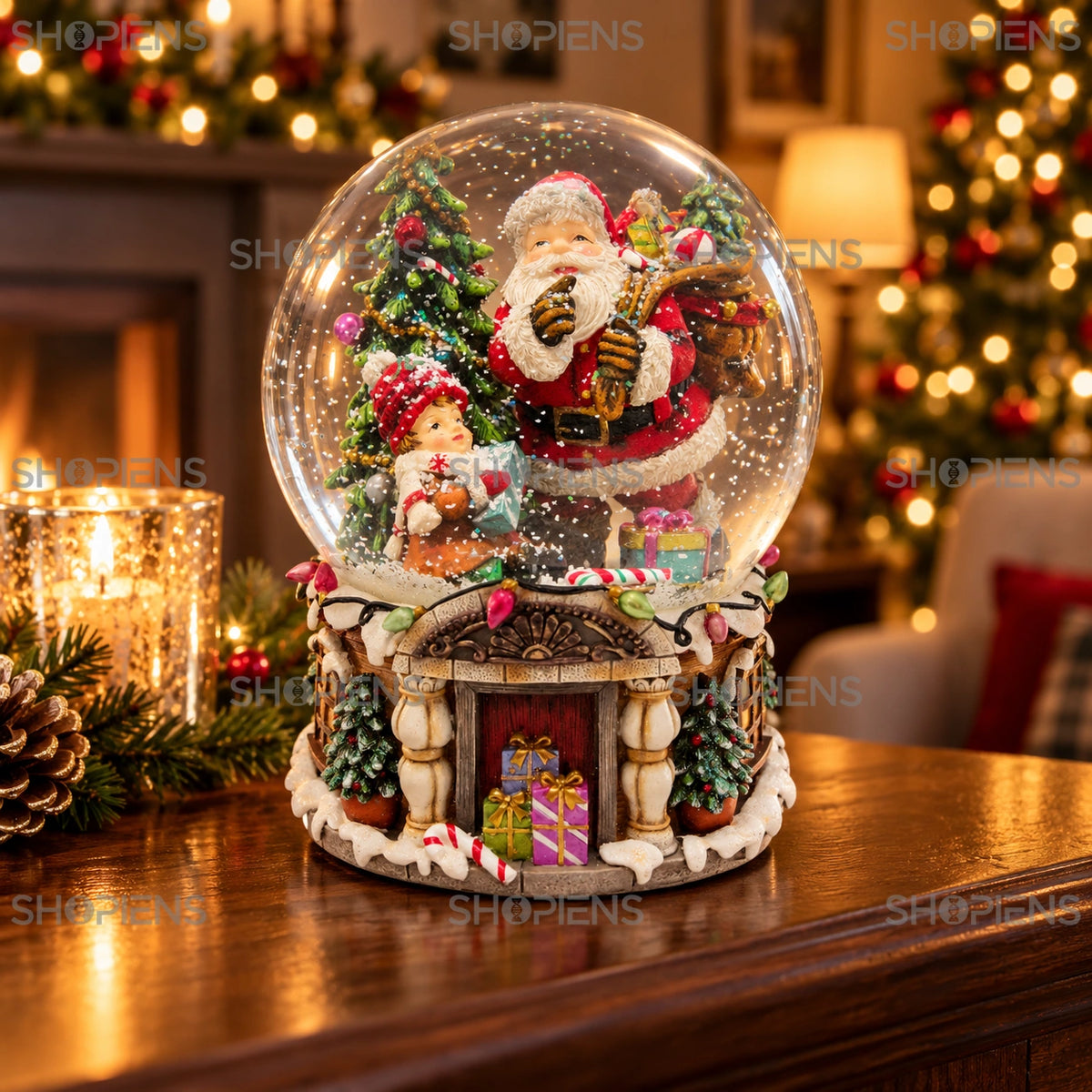 Glob muzical cu Moșul, copii și cadouri, 20 cm într-un decor festiv de seară | Shopiens®