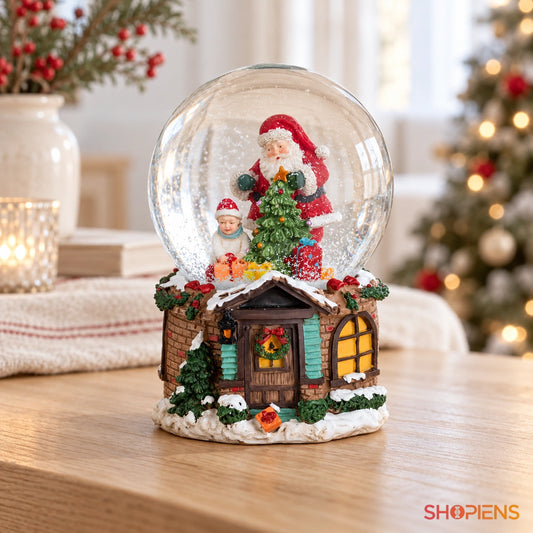 Glob muzical cu Moș și copil pe căsuță, 15 cm în decor luminos de Crăciun | Shopiens®