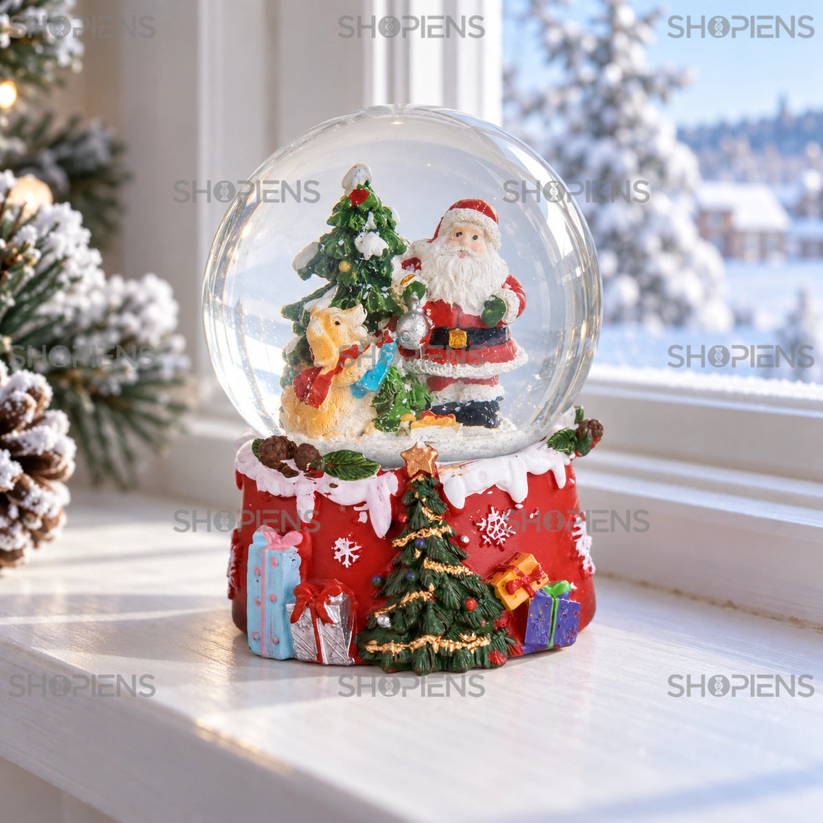 Glob cu Moș Crăciun, brad și câine, 9 cm lângă fereastră, în lumină de iarnă | Shopiens®