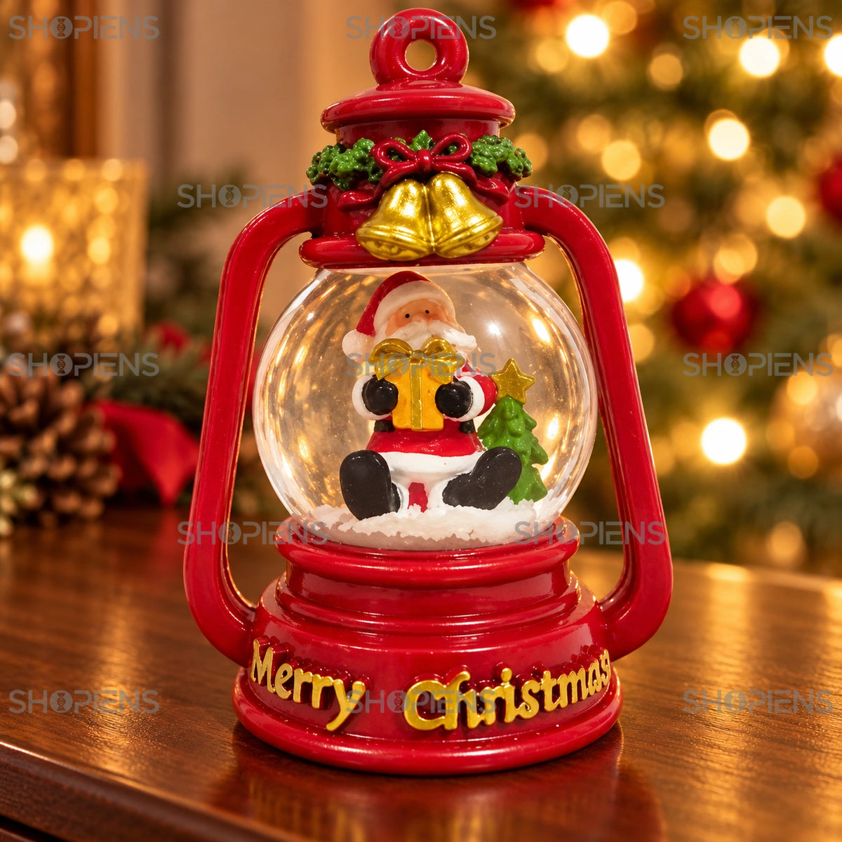 Felinar decorativ cu glob și Moș Crăciun, 6 cm într-un decor festiv de seară | Shopiens®