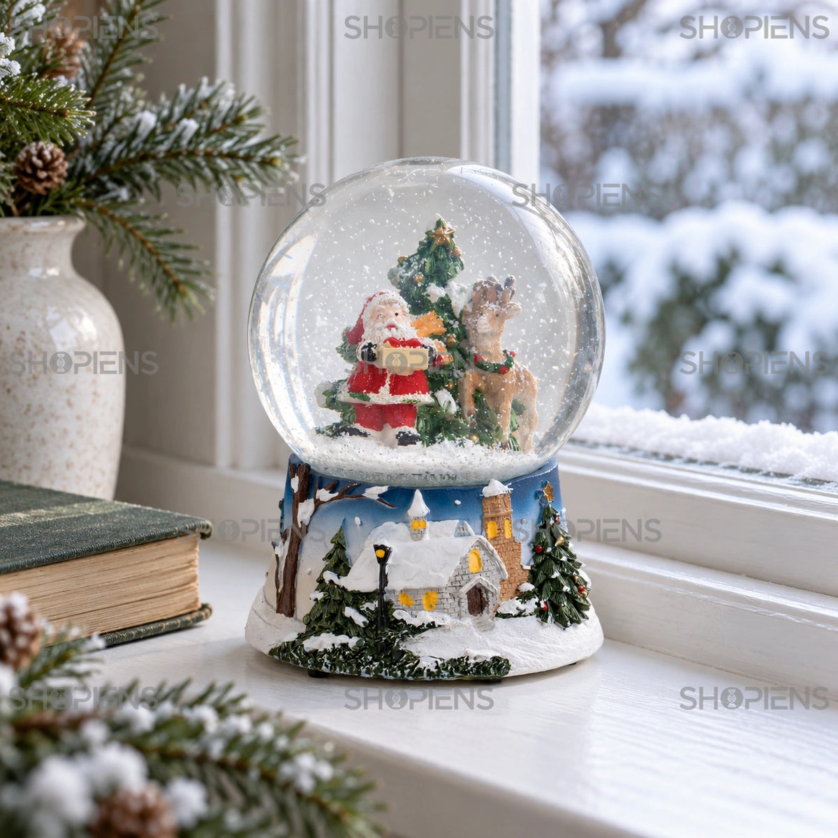 Glob muzical cu Moș Crăciun și ren, 13,5 cm lângă fereastră într-un decor de iarnă | Shopiens®