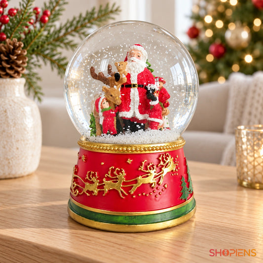 Glob muzical cu Moș Crăciun pe soclu roșu, 13 cm în decor luminos de Crăciun | Shopiens®