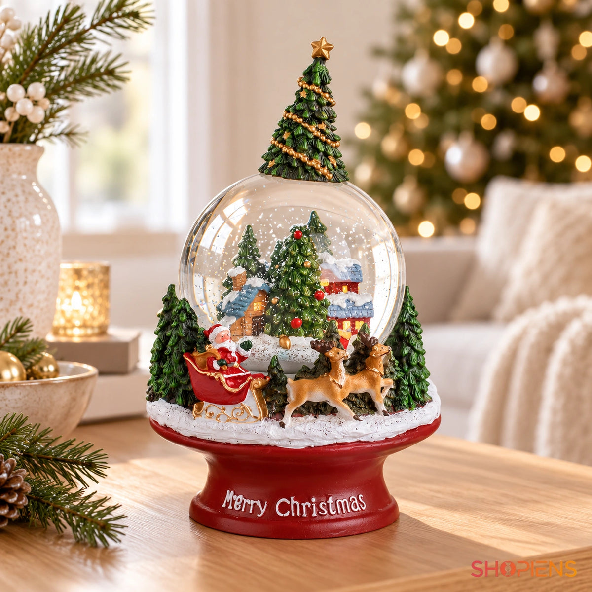 Glob de zăpadă muzical cu sania Moșului, 23 cm în decor luminos de Crăciun | Shopiens®