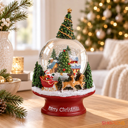 Glob de zăpadă muzical cu sania Moșului, 23 cm în decor luminos de Crăciun | Shopiens®