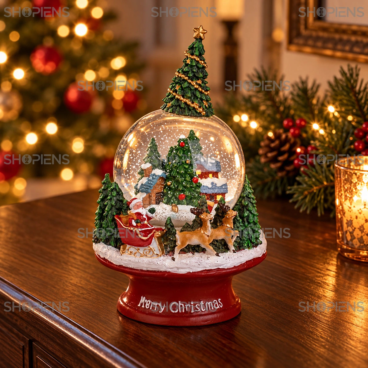 Glob de zăpadă muzical cu sania Moșului, 23 cm în decor festiv de seară | Shopiens®