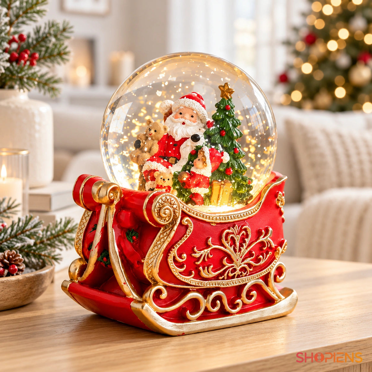 Glob muzical pe sanie roșie cu detalii aurii, 16 cm în decor luminos de Crăciun | Shopiens®