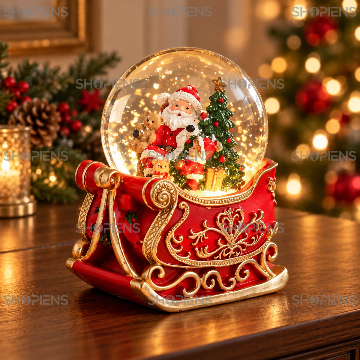 Glob muzical pe sanie roșie cu detalii aurii, 16 cm în decor festiv de seară | Shopiens®