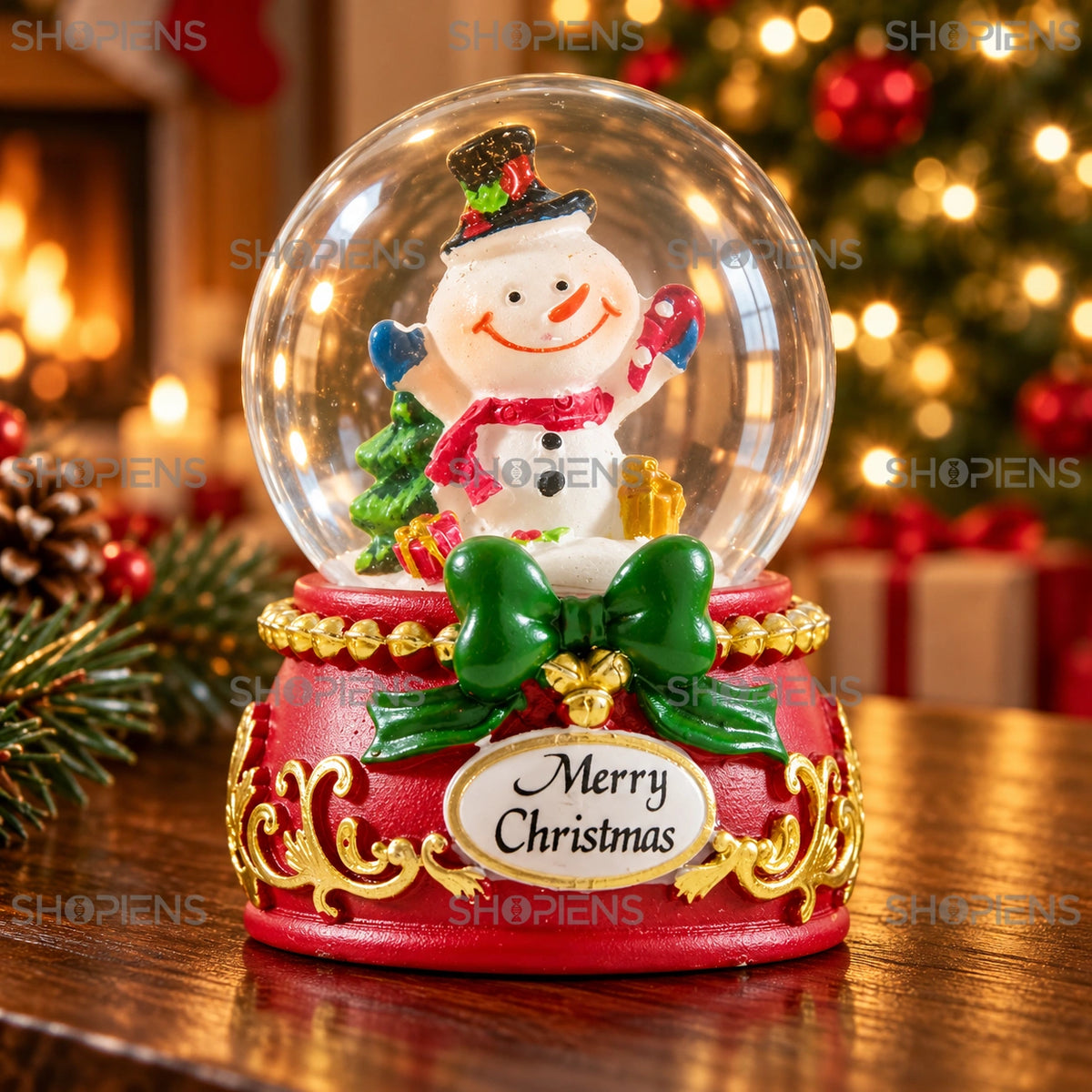 Glob de zăpadă cu om de zăpadă și fundă, 6 cm într-un decor festiv de seară | Shopiens®