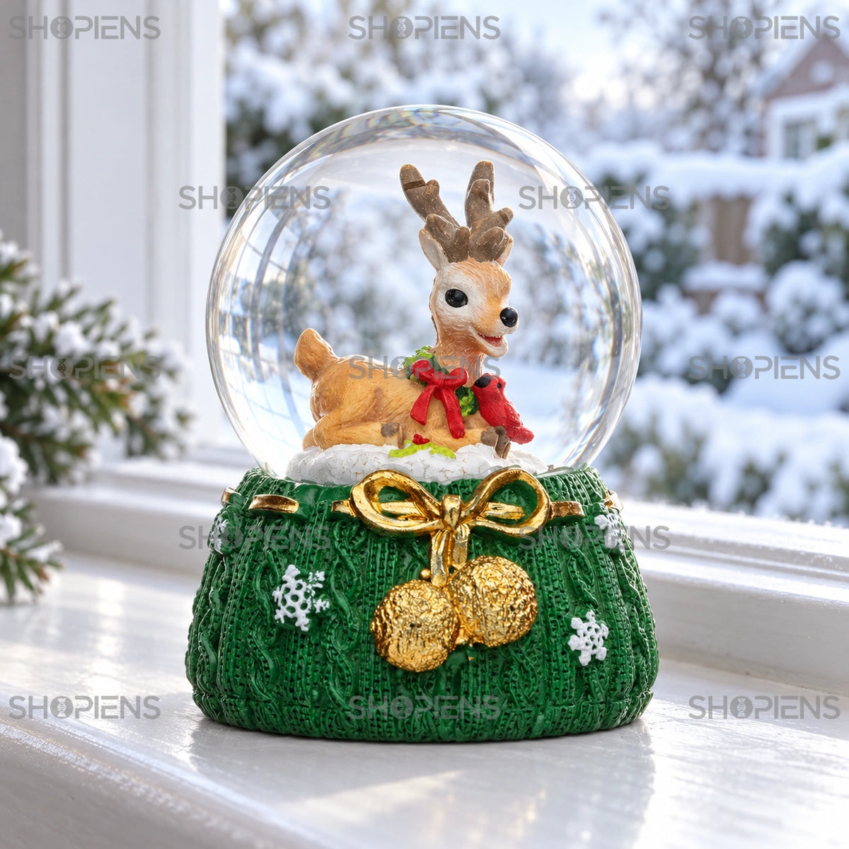 Glob decorativ cu ren pe bază verde, 6 cm lângă fereastră într-un decor de iarnă | Shopiens®