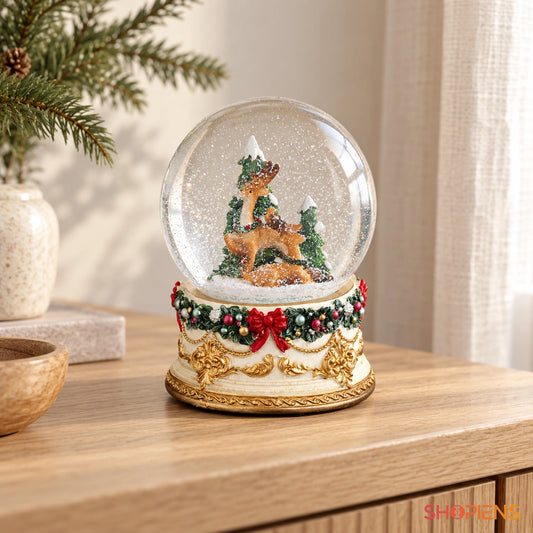 Glob de zăpadă cu ren vintage, 14 cm pe o consolă într-un decor luminos | Shopiens®
