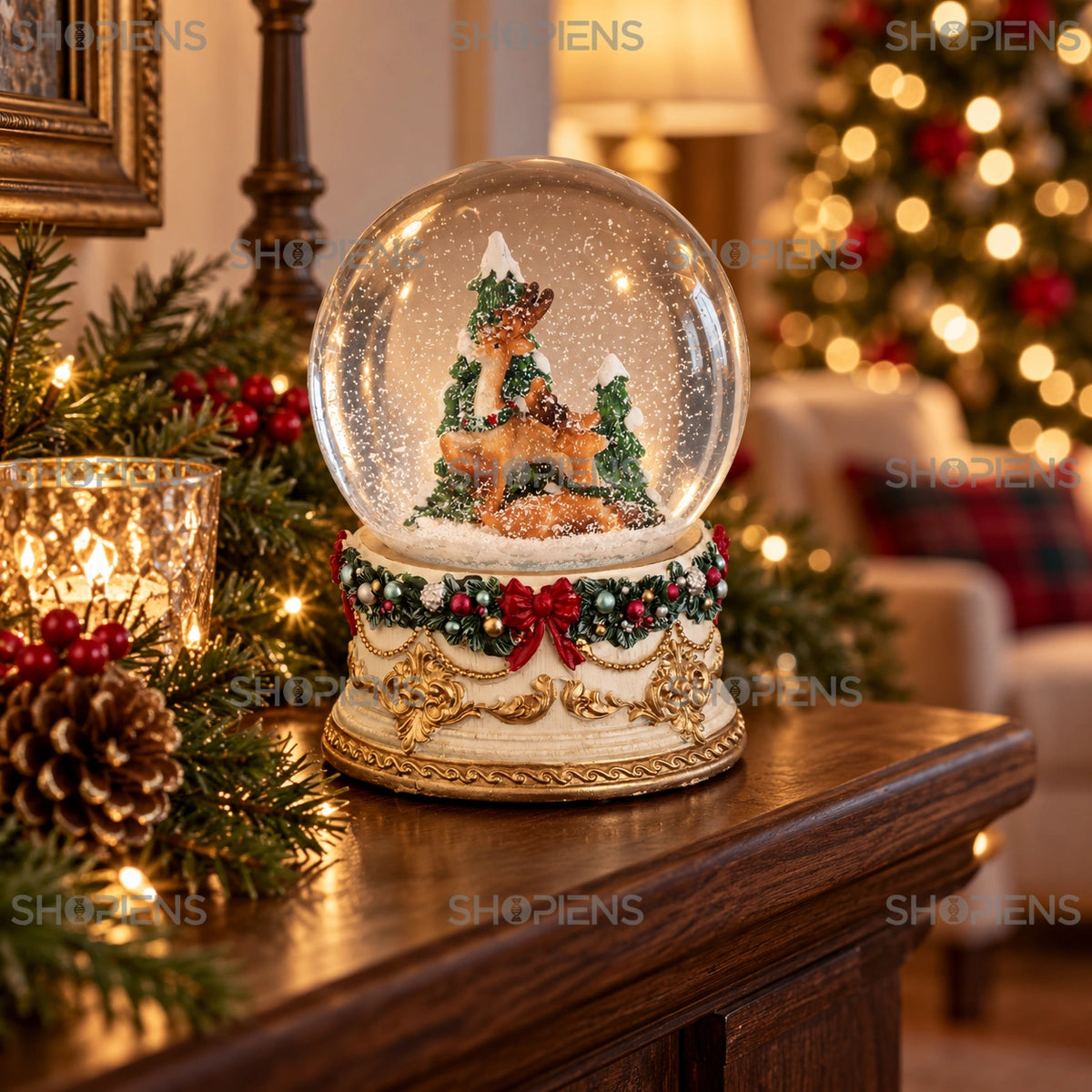 Glob de zăpadă cu ren vintage, 14 cm într-un decor festiv de seară | Shopiens®