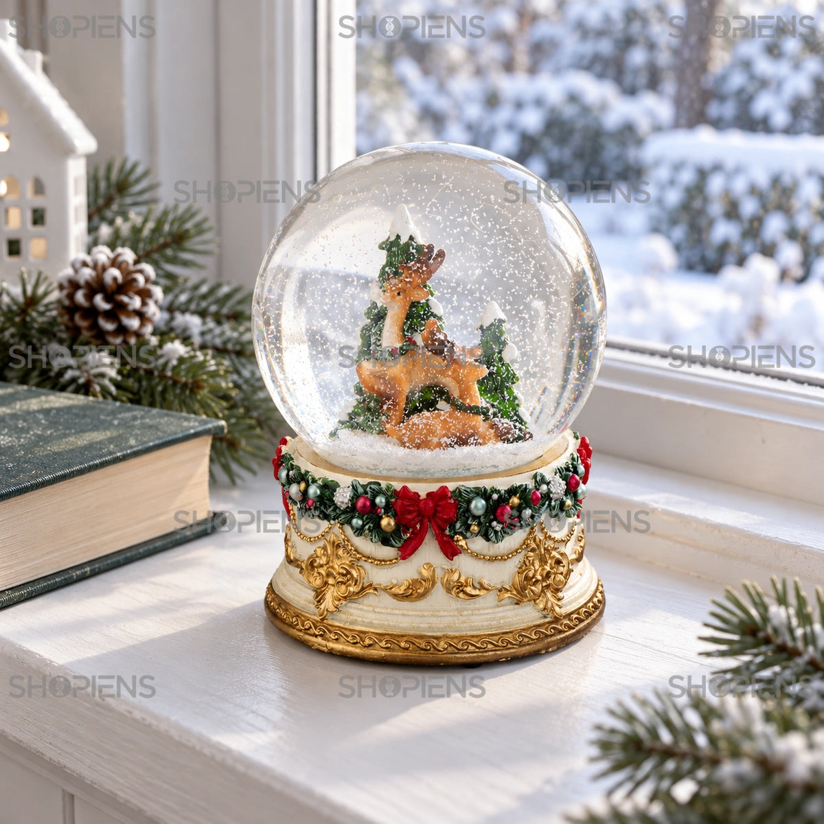 Glob de zăpadă cu ren vintage, 14 cm lângă fereastră într-un decor de iarnă | Shopiens®