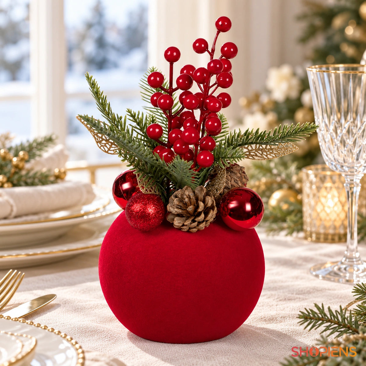 Glob roșu catifelat cu ramuri și conuri, 26 cm pe masa festivă, în lumină naturală | Shopiens®
