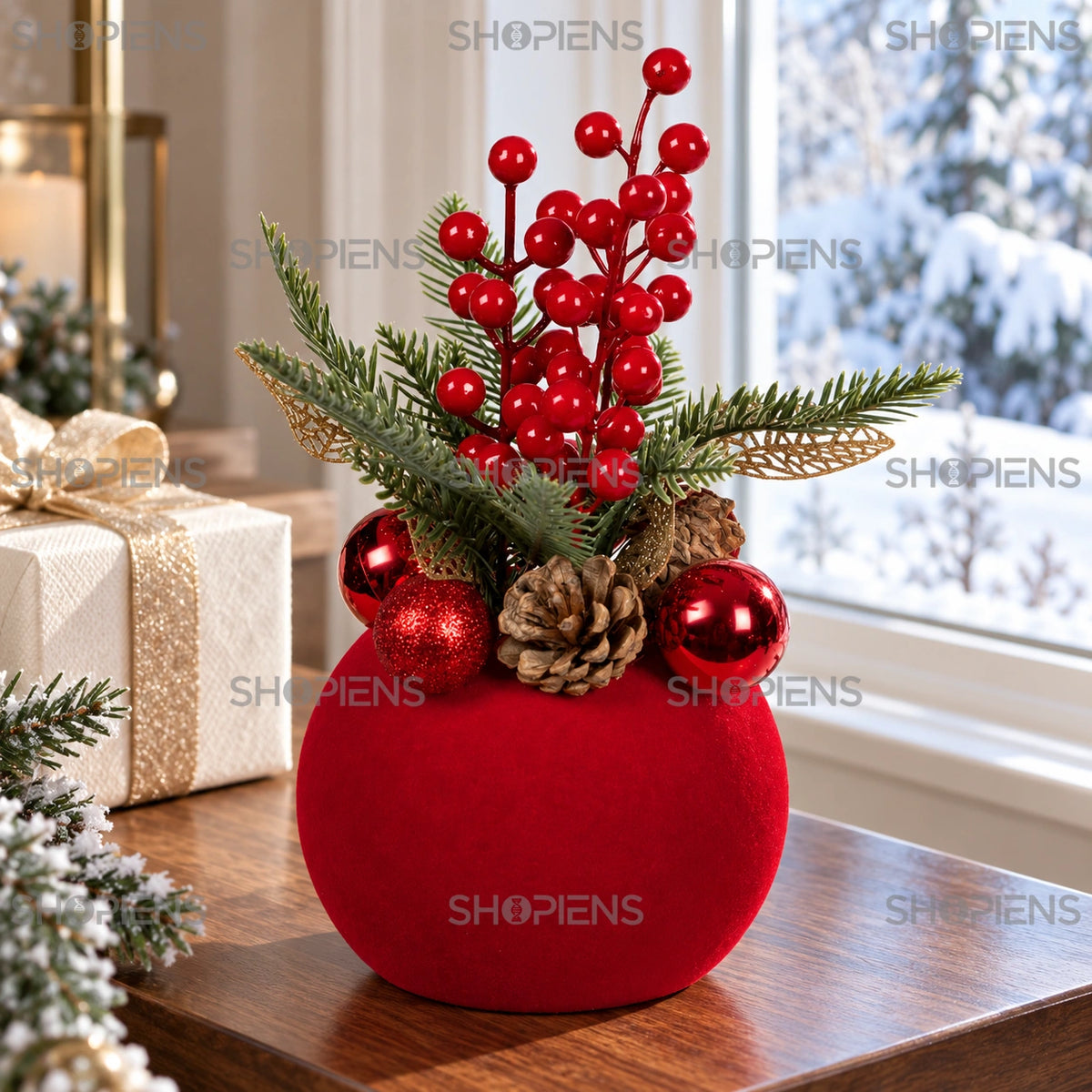 Glob roșu catifelat cu ramuri și conuri, 26 cm pe o consolă lângă fereastră, într-un decor de iarnă | Shopiens®