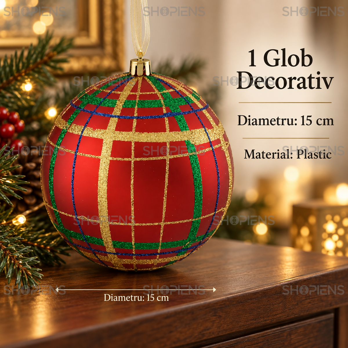 Glob Rosu Mat Cu Carouri Si Glitter Pentru Brad 15 Cm - specificatii - Shopiens