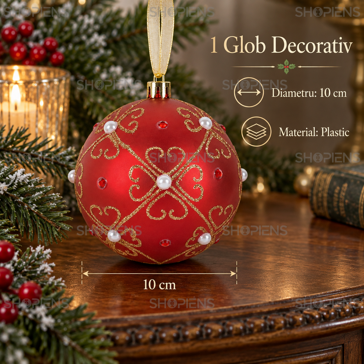 Glob Rosu Mat Cu Flori Aurii Si Margele 10 Cm - specificatii - Shopiens