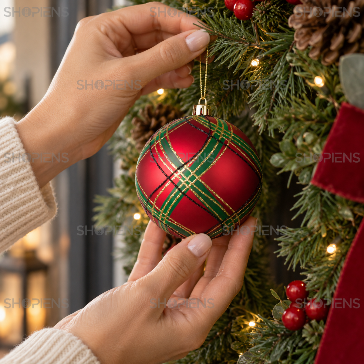 Glob Rosu Tartan Cu Dungi Aurii Pentru Brad 8 Cm - in folosinta 1 - Shopiens