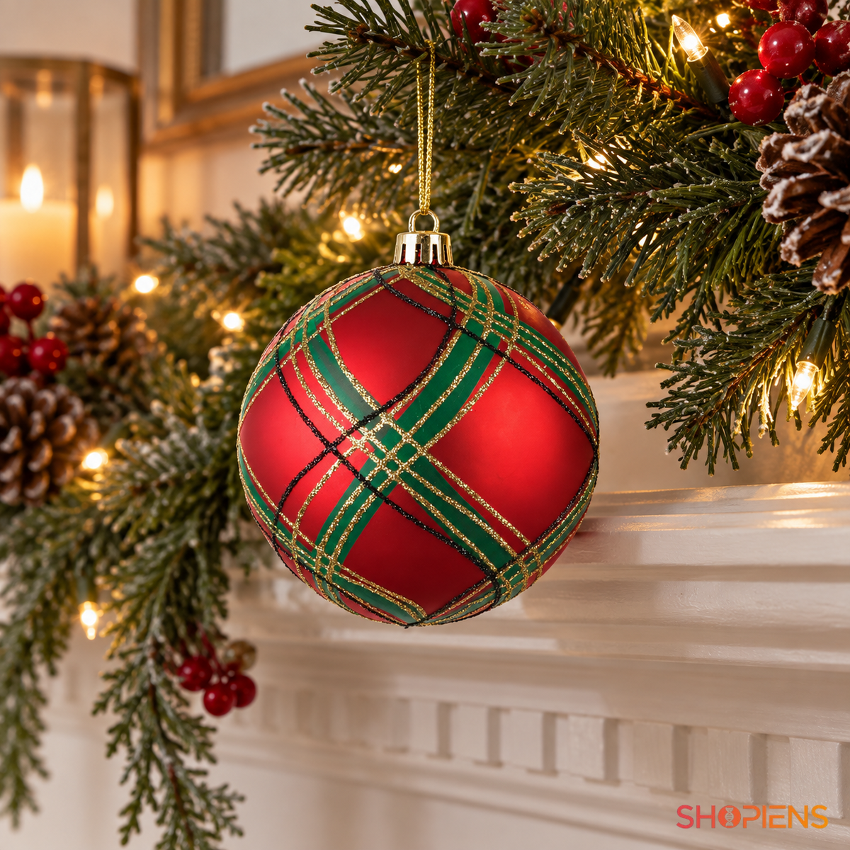 Glob Rosu Tartan Cu Dungi Aurii Pentru Brad 8 Cm - in folosinta 2 - Shopiens