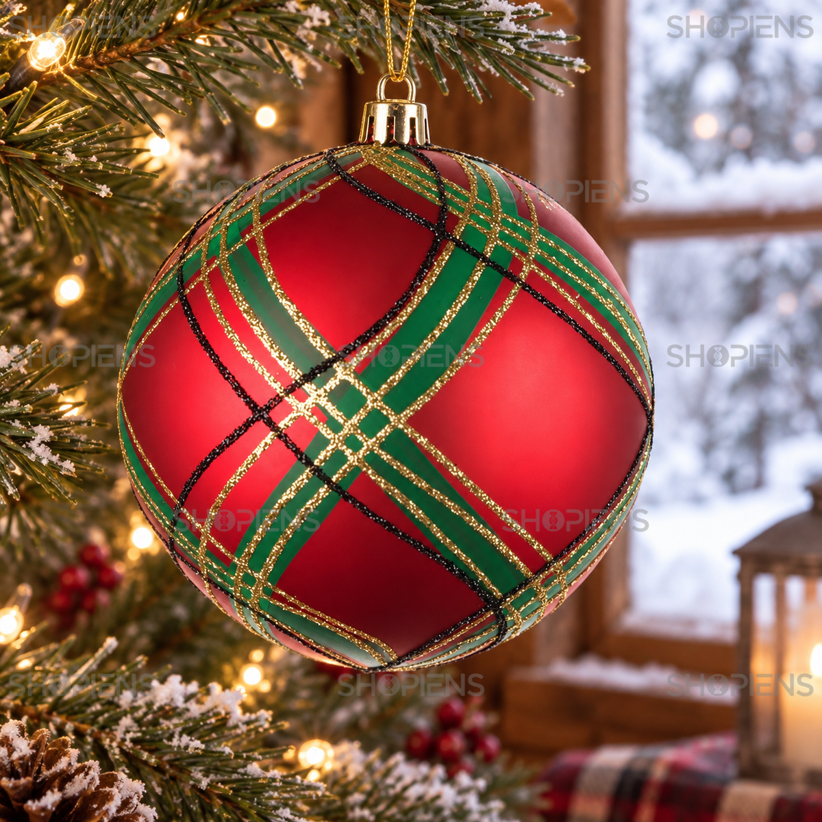 Glob Rosu Tartan Cu Dungi Aurii Pentru Brad 8 Cm - lifestyle principala - Shopiens
