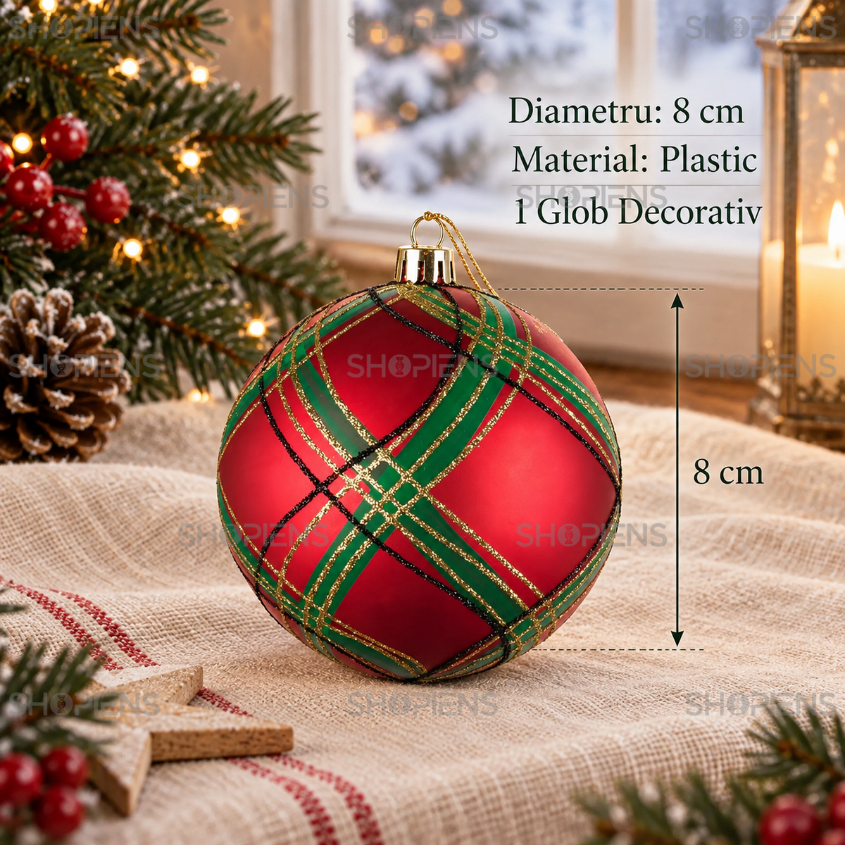 Glob Rosu Tartan Cu Dungi Aurii Pentru Brad 8 Cm - specificatii - Shopiens