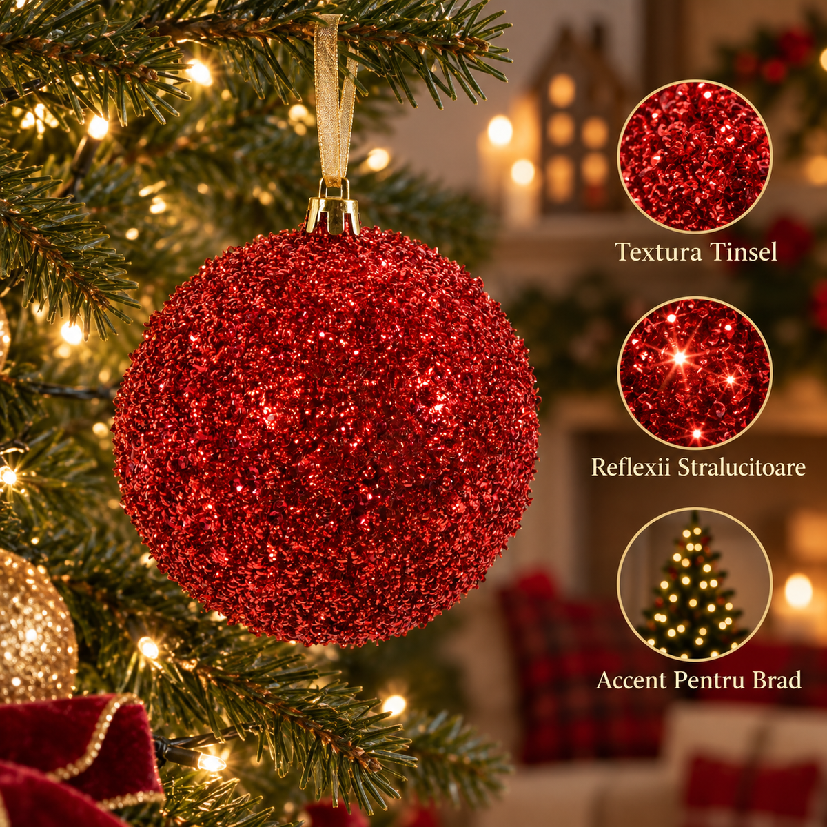Glob Rosu Cu Tinsel Stralucitor Pentru Brad 10 Cm - avantaje - Shopiens