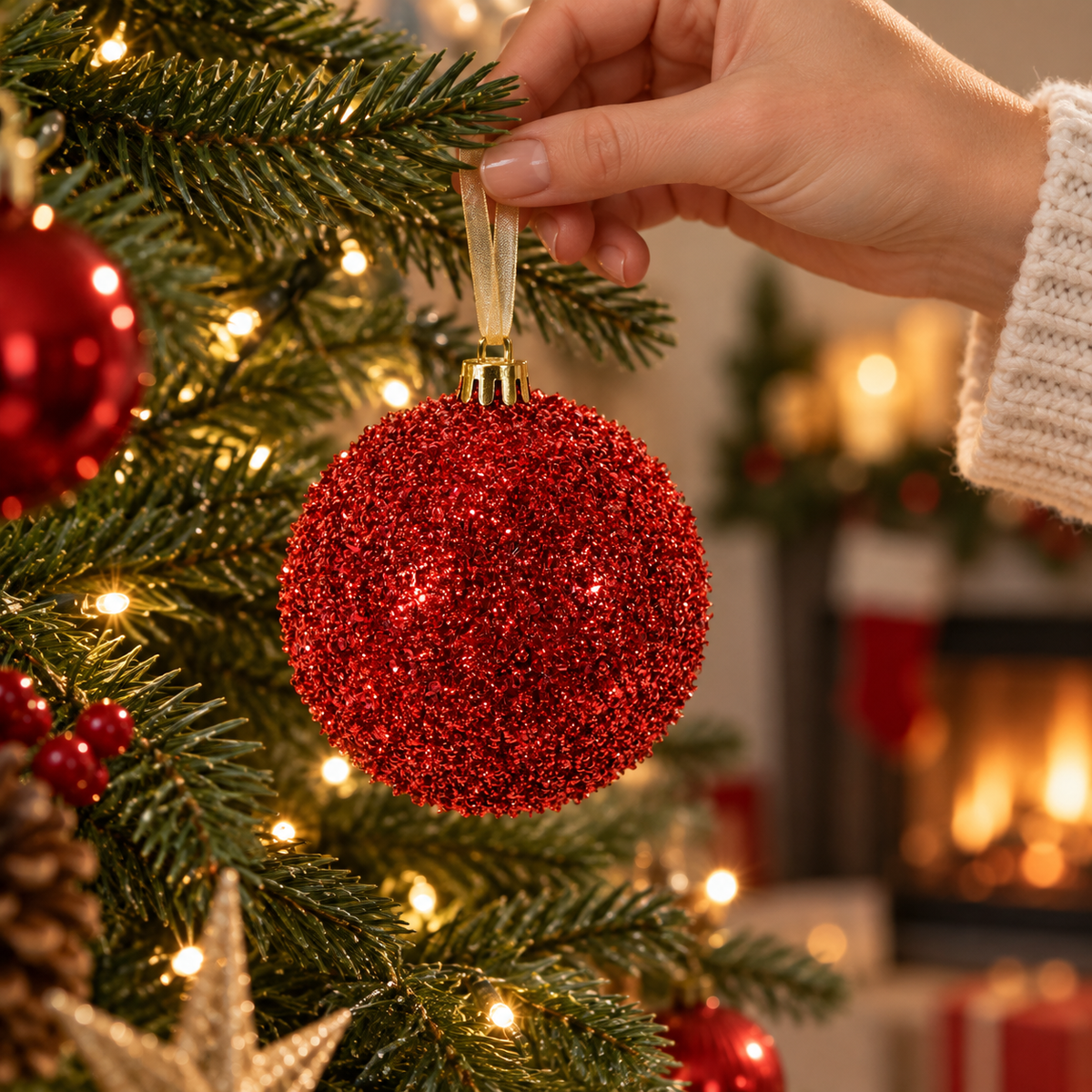 Glob Rosu Cu Tinsel Stralucitor Pentru Brad 10 Cm - in folosinta 1 - Shopiens