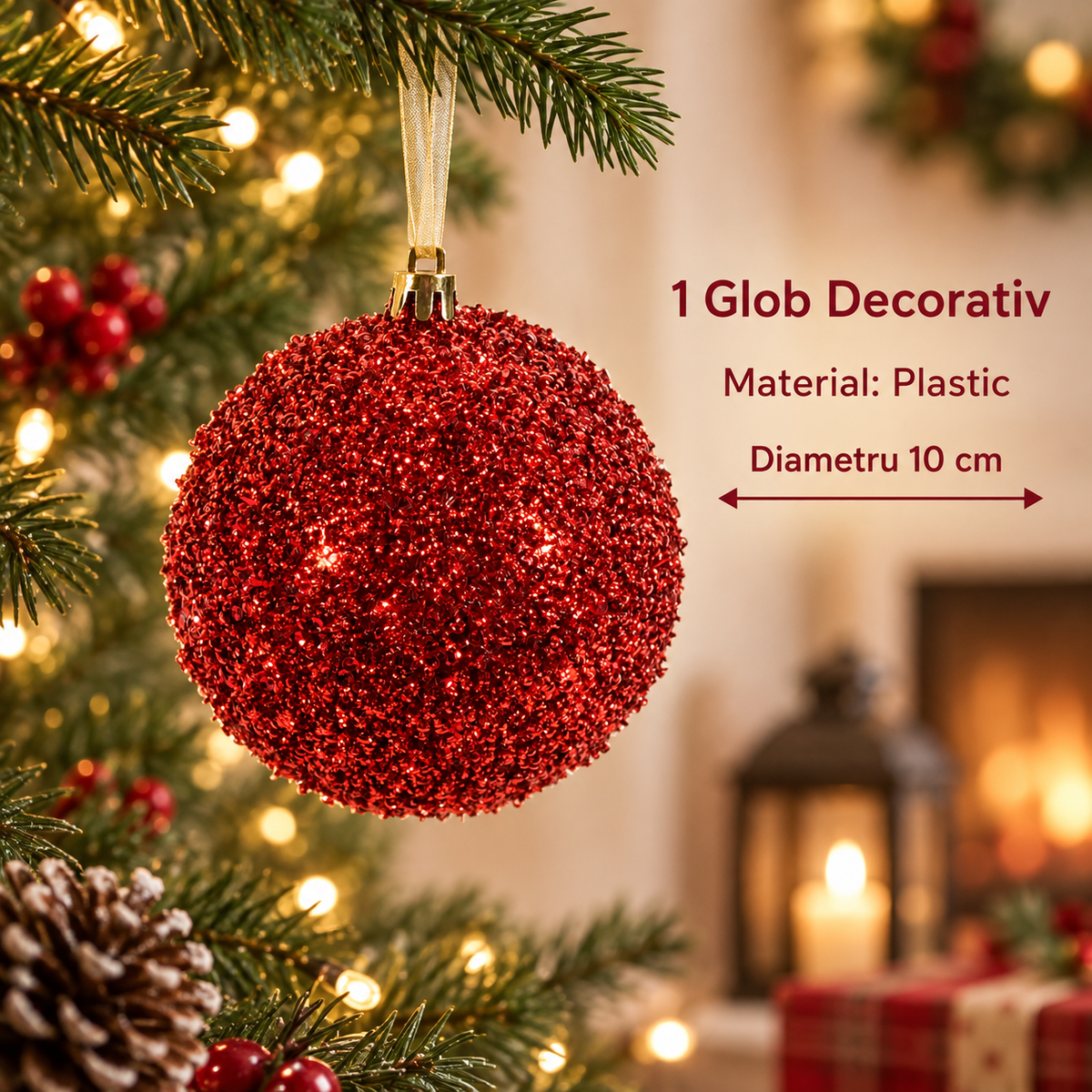 Glob Rosu Cu Tinsel Stralucitor Pentru Brad 10 Cm - specificatii - Shopiens