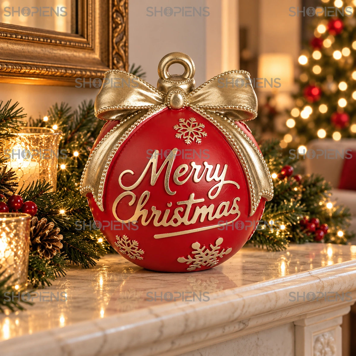 Glob roșu vintage cu fundă șampanie, 15 cm pe șemineu, într-un decor de seară cu lumini festive | Shopiens®