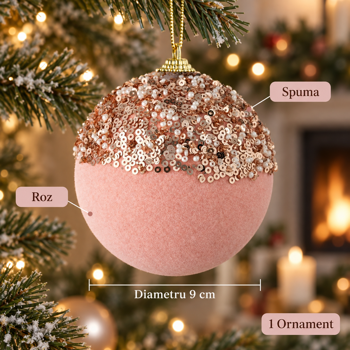 Glob Roz Catifelat Cu Paiete Sampanie 9 Cm - specificatii - Shopiens