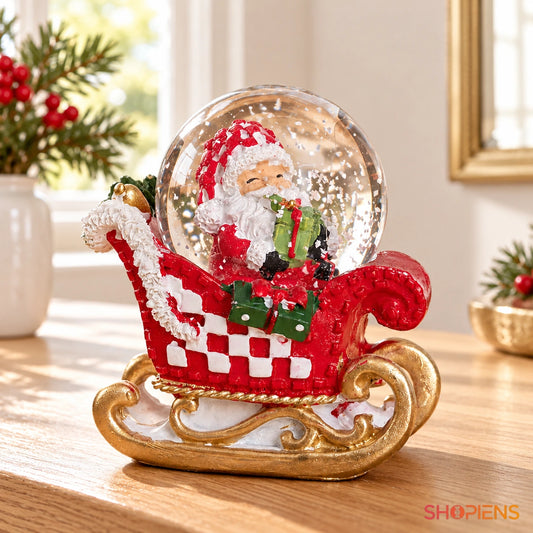 Sanie în carouri cu glob și Moș Crăciun, 8 cm pe o consolă într-un decor luminos | Shopiens®