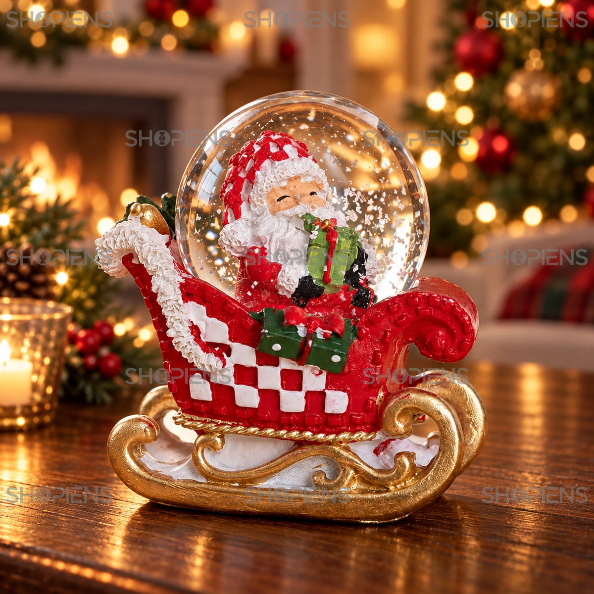 Sanie în carouri cu glob și Moș Crăciun, 8 cm într-un decor festiv de seară | Shopiens®