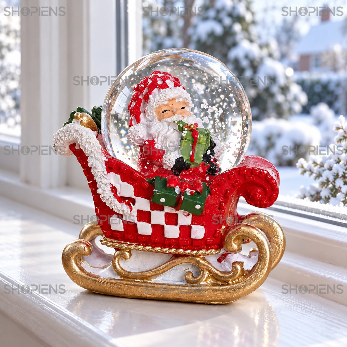 Sanie în carouri cu glob și Moș Crăciun, 8 cm lângă fereastră într-un decor de iarnă | Shopiens®