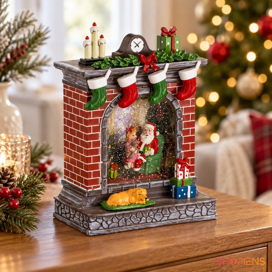 Șemineu decorativ cu Moș Crăciun, LED și muzică, 26 cm în decor luminos de Crăciun | Shopiens®