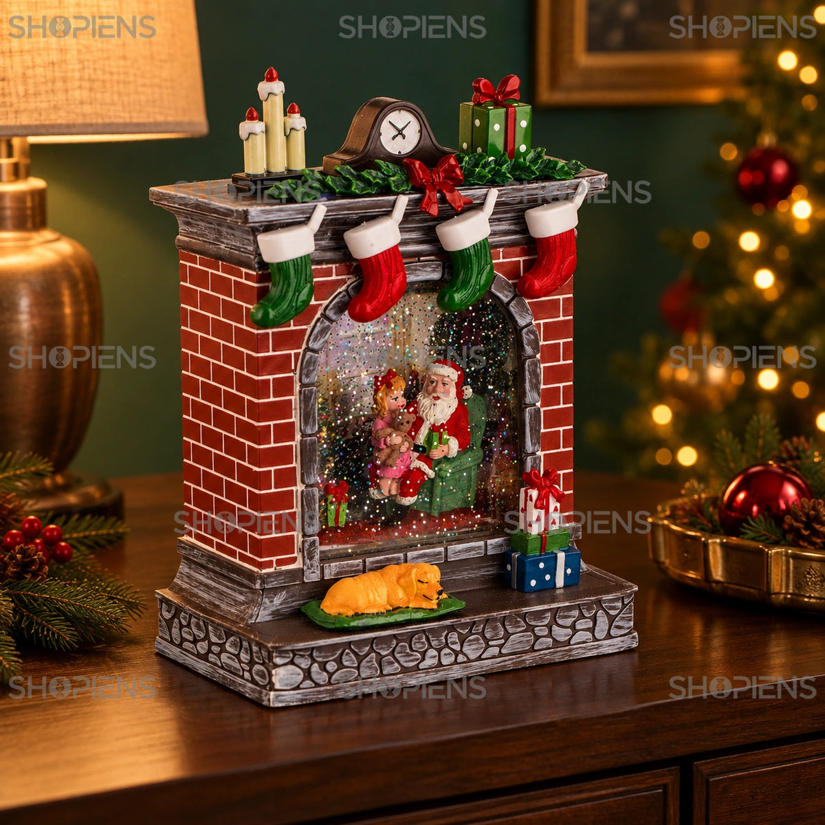 Șemineu decorativ cu Moș Crăciun, LED și muzică, 26 cm în decor festiv de seară | Shopiens®