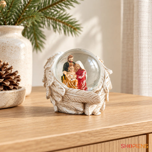 Glob cu sfânta familie și aripi de înger, 6 cm pe o consolă într-un decor luminos | Shopiens®